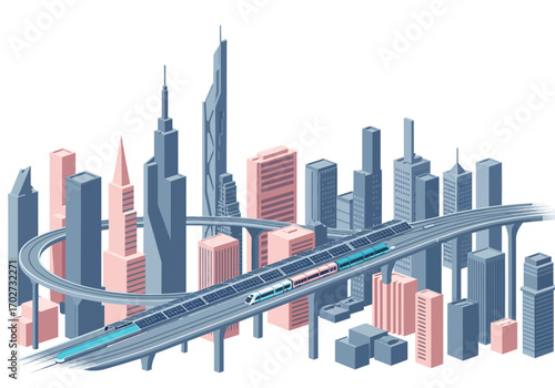 Modern Cityscape with Elevated Transportation System.