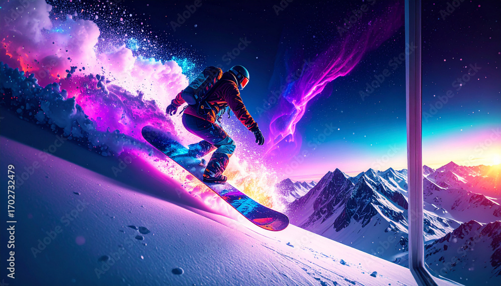 Naklejka premium Snowboard Edge Scraping Snow Macro Freeze Frame. Winter concept. Generated Image.