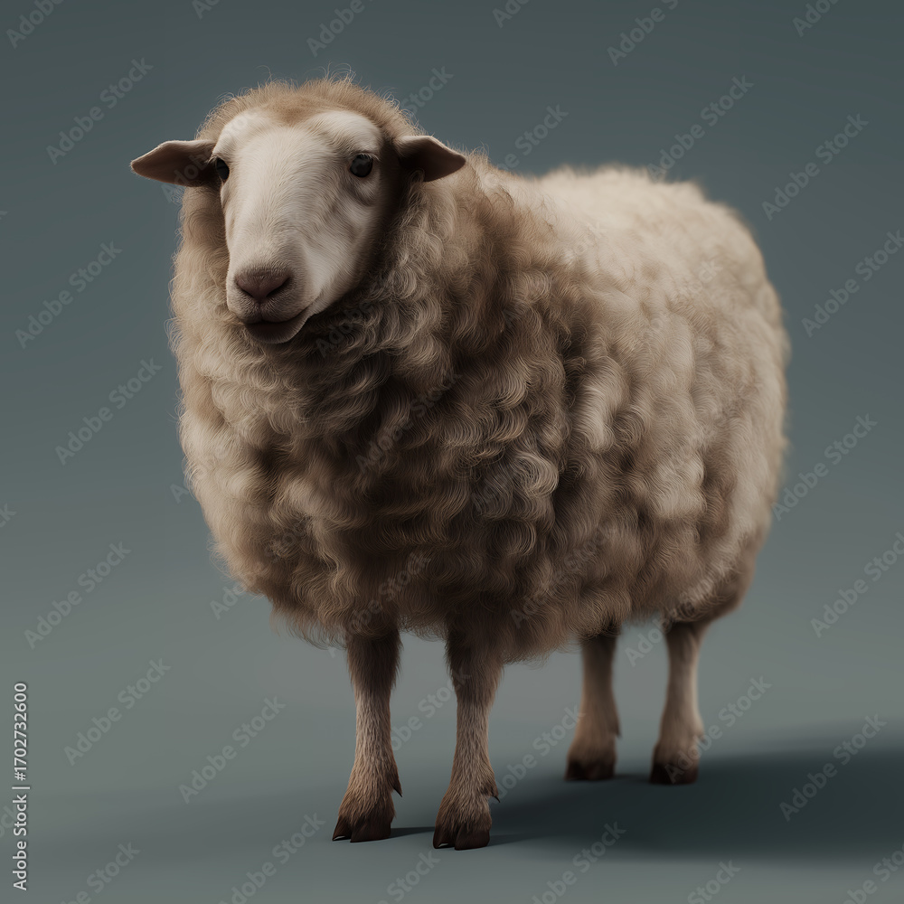Fototapeta premium Fluffy Sheep Standing Against Gray Background