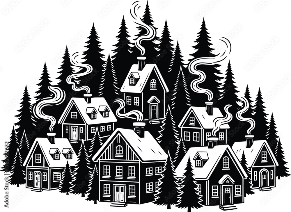 Obraz premium Monochrome Winter Village Scene Surrounded by Pine Trees with Smoke Emanating from Chimneys Creating a Cozy and Peaceful Atmosphere for Holiday Designs