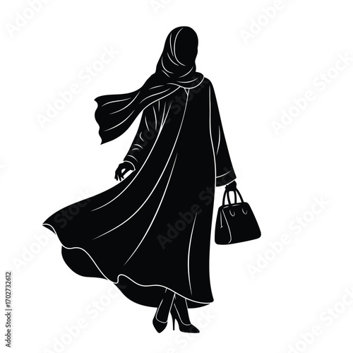 Elegant Silhouette of Woman in Hijab and Abaya with Handbag, Representing Modest Fashion and Graceful Movement