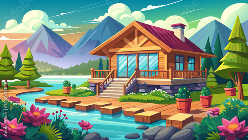 Fragment of a lakeside chalet with natural stone foundations, wooden terraces, and flower-filled planters, perfectly balanced between elegance, comfort, and breathtaking outdoor scenery.
