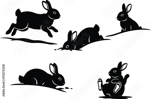 Silhouette Illustration of Rabbits in Various Poses Black and White Vector Graphic Animal Artwork Minimalist Easter Design Elements