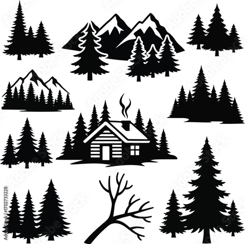 Silhouette Forest with Cozy Cabin and Majestic Mountains Vector Illustration for Outdoor Adventure and Nature Enthusiasts Artwork Ideal for Camping and Wilderness Themes