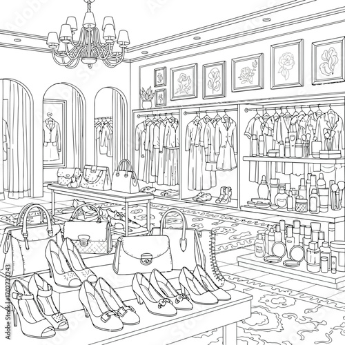 Elegant Boutique Interior Line Art for Coloring Book Design - Fashion, Handbags, Shoes, and Cosmetics Displays