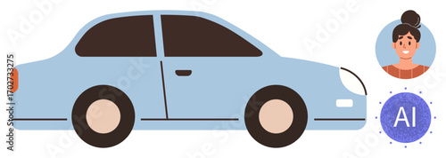 Blue car with circular AI element and female avatar emphasizing smart technology, mobility, and customization. Ideal for transport, AI integrations, innovation, personalization, applications