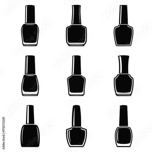 Elegant Assortment of Nine Nail Polish Bottle Silhouettes Ideal Graphic Elements for Beauty and Cosmetic Designs