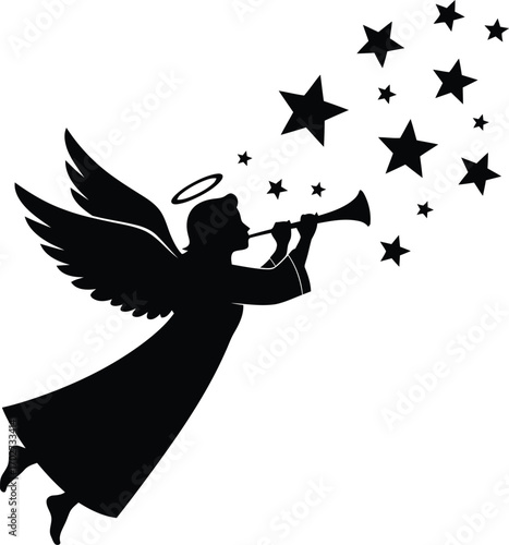 Silhouette of an angel with wings halo and trumpet blowing stars for Christmas and holiday celebrations perfect for cards invitations and other designs
