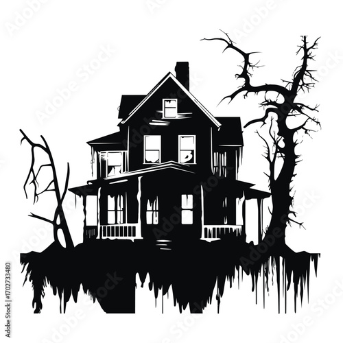 Spooky silhouette haunted house with gnarled trees evokes fearful halloween atmosphere silhouette