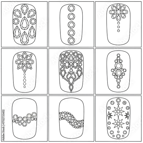 A set of nail art design templates showing rhinestone and gem placement ideas for manicures.