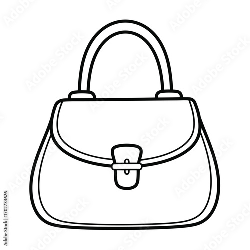 A classic women's handbag illustrated in a black and white line art style for coloring or design projects