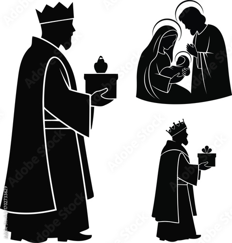 Three Kings Visit Baby Jesus with Gifts Nativity Scene Christmas Illustration Silhouette Vector Art Holiday Celebration Religious Event Tradition Icon Design December Holiday Season