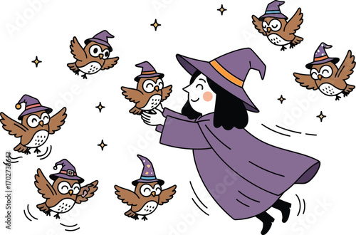 A young witch, , surrounded by flying owls wearing witch hats, conjures a magical scene of enchantment and whimsical avian companionship