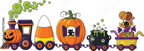 Halloween train a whimsical and festive train carrying halloweenthemed elements like a pumpkin, candy corn, cauldron, and other spooky decorations