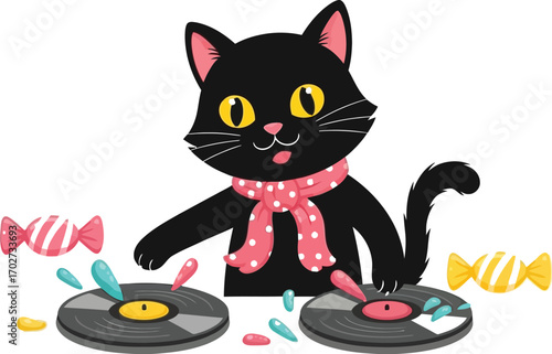 A black cat dj playing music turntables, wearing a pink scarf and surrounded by candy, with a happy expression