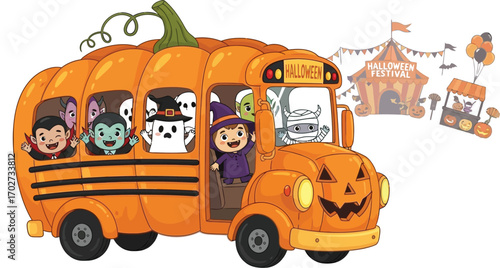 A whimsical pumpkinshaped school bus transports costumed children to a halloween carnival, scene is filled with festive fun and spooky delight