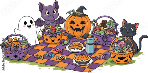 A delightful halloween picnic scene featuring a ghost, bat, pumpkin, and black cat, all gathered a checkered blanket with baskets full of treats