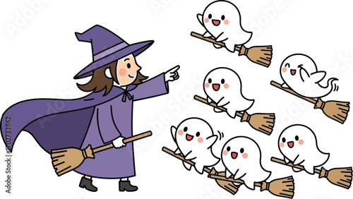 A cute witch surrounded by flying ghosts broomsticks, creating a whimsical halloween scene