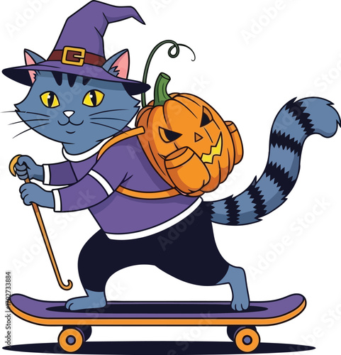 A whimsical blue cat, , dressed in a witchs hat and carrying a pumpkin backpack, joyfully rides a skateboard, embodying spirit of halloween fun