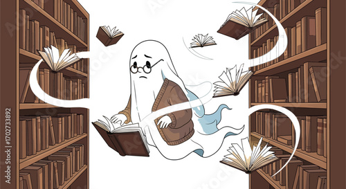 A spectral librarian, , surrounded by floating books in a mystical library, embodies ethereal pursuit of knowledge and magic of literature