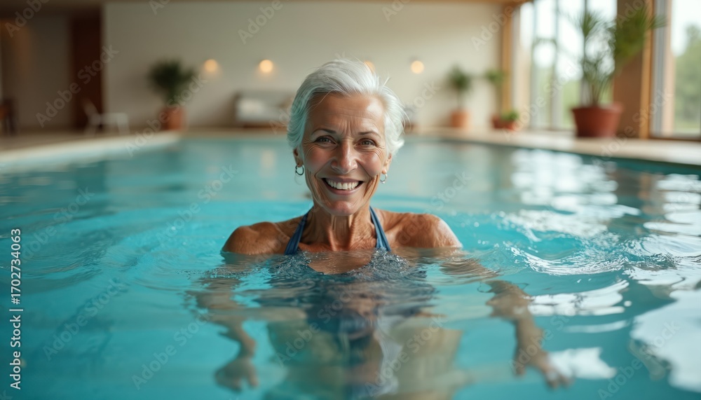 Fototapeta premium Joyful senior woman with grey hair swims in indoor pool, smiling. Elderly lady enjoys healthy aquatic activity. Mature female swims for fitness, wellness. Water sport promotes healthy living,