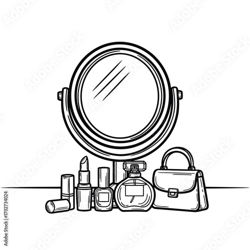 Black and white line drawing of makeup, perfume, and a handbag in front of a vanity mirror.