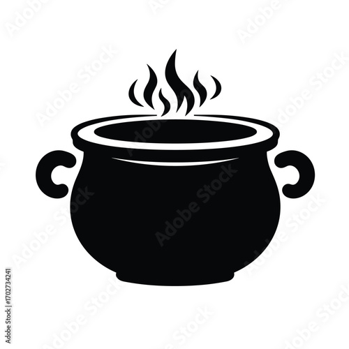 Black cauldron with steam rising from hot liquid occult symbol vintage style silhouette