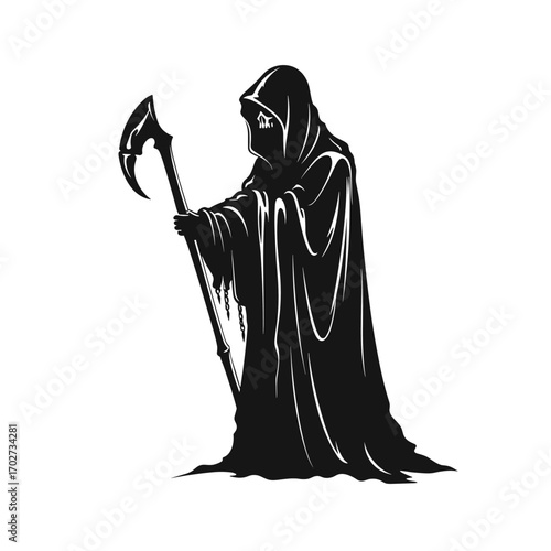 Mysterious grim reaper figure holding a scythe with hooded robes and dark aura silhouette