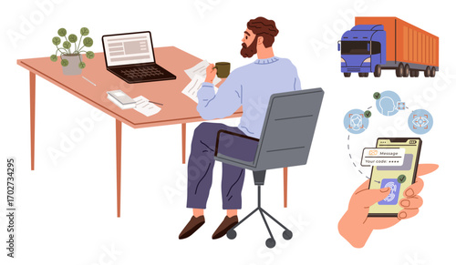 Man working at desk with laptop and documents while coordinating truck freight via smartphone and digital tracking icons. Ideal for logistics, management, technology, supply chain, efficiency, remote