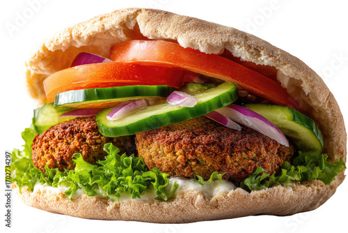 Pita sandwich filled with falafel, vegetables, and sauce (1)