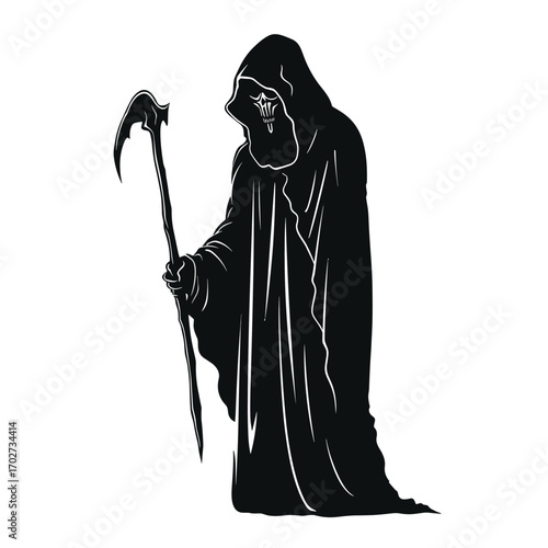 Silhouette of the grim reaper holding a scythe facing left in a dark robe silhouette