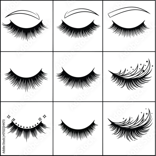 A diverse collection of eyelash style illustrations. A conceptual set of false lash and makeup icons.