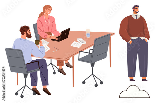 Office workers discussing tasks at a desk with papers, laptop, and coffee, while a colleague stands aside. Ideal for teamwork, brainstorming, leadership, workplace communication, collaboration
