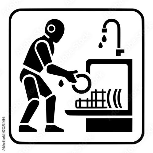 Robot loading dishes into dishwasher, modern home appliance icon