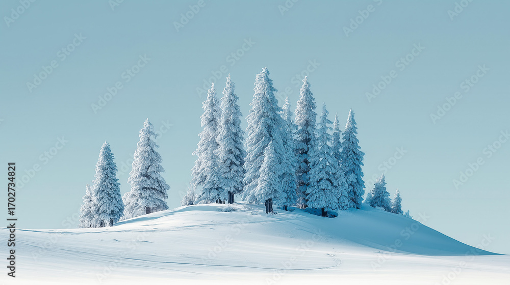 Obraz premium Row of snowy pine trees under clear blue sky.