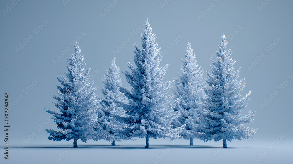 Naklejka premium Row of snowy pine trees under clear blue sky.