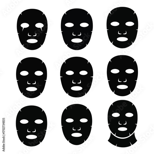 Set of black cosmetic facial sheet mask icons for beauty and skincare treatment routines