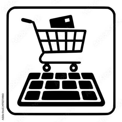 Online shopping cart with credit card on keyboard icon