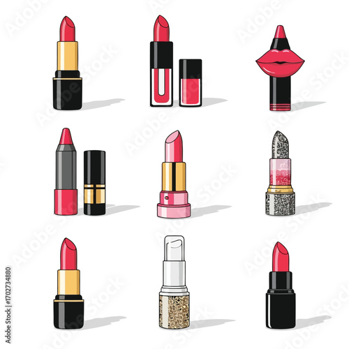 Collection of various illustrated lipstick and lip gloss icons for beauty and fashion