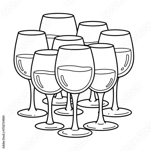 Outline illustration of a gathering with several glasses of wine.