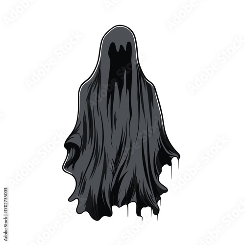 Spooky black ghost figure with flowing robes and shadowed face for halloween and horror themes silhouette