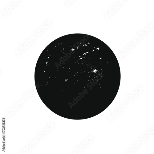 Abstract textured black circle with subtle speckles representing cosmic dust or noise silhouette