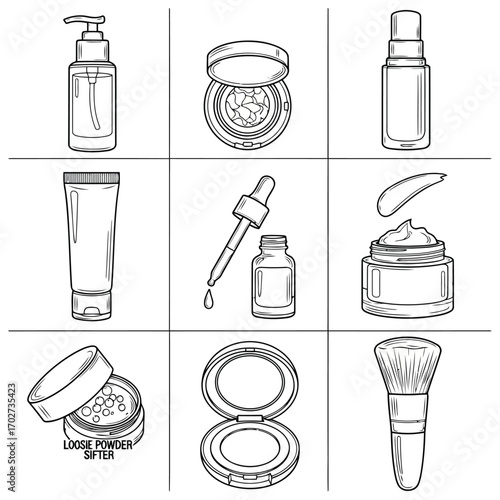 Line Art Illustration of Various Cosmetic Products for Beauty and Skincare