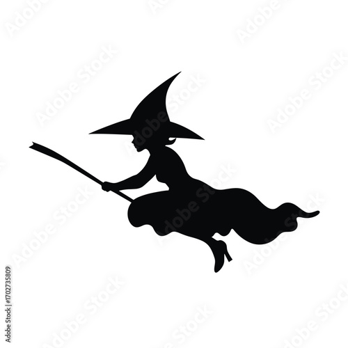 Mystical witch silhouette flying broomstick magical halloween spooky night sky silhouette