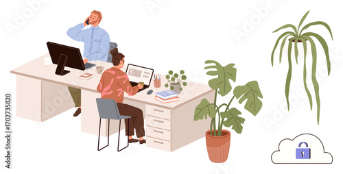 Two professionals working at desks with laptops and monitors, indoor plants around. Cloud symbol with padlock represents data security. Ideal for technology, teamwork, remote work, productivity