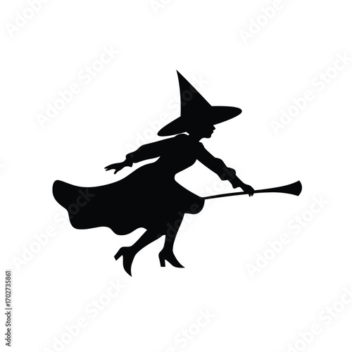 Silhouette of a witch flying on a broomstick at night halloween celebration silhouette