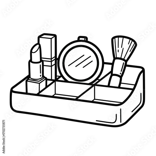 Line art icon of a cosmetic organizer tray with makeup essentials