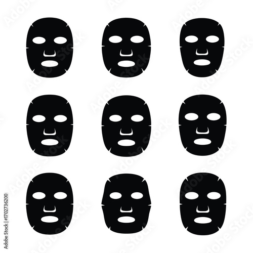 Monochrome pattern of black facial sheet mask icons. A cosmetic and skincare concept illustration set.
