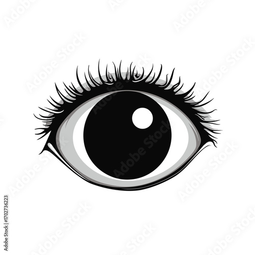 Detailed monochrome close-up of a human eye with lashes silhouette