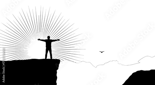 Man with open arms on cliff edge silhouette isolated on white background